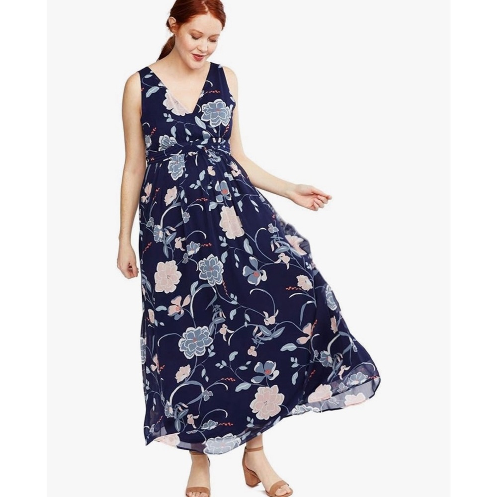 Motherhood Maternity Navy Floral Chiffon Maxi Dress w/ Surplice Pin-tuck Waist